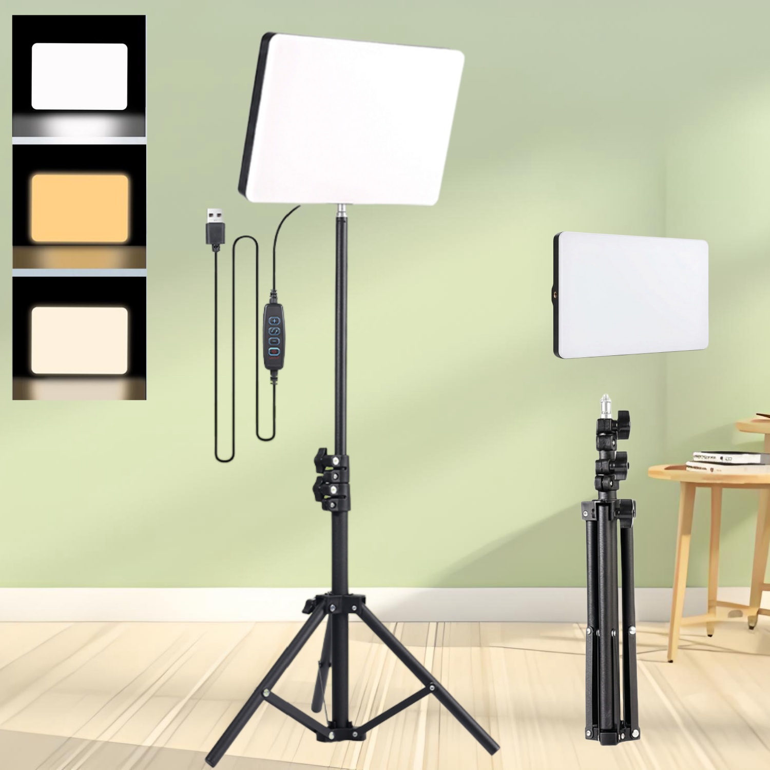 Photography Lighting Set - ชุดไฟวงแหวนสำหรับไลฟ์สด: ไฟแผงบางเฉียบปรับได้ 3 สี ขนาด 10