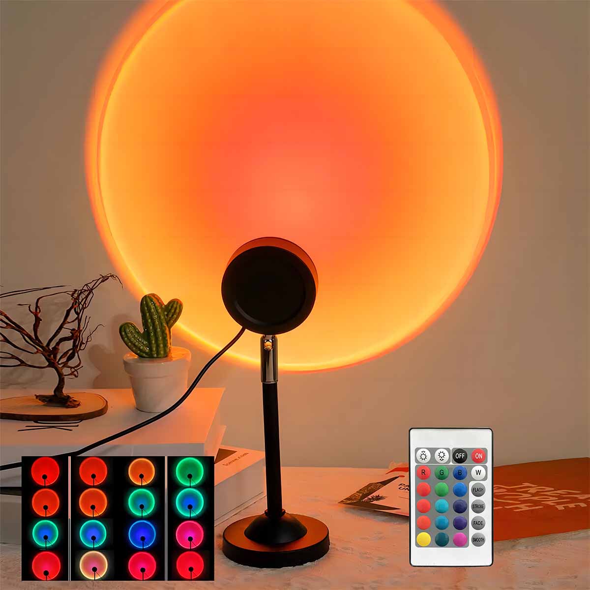 Photography Lighting Wall - ไฟฉายโปรเจคเตอร์แสงพระอาทิตย์ตกพร้อมรีโมทคอนโทรล 16 สี ไฟบรรยากาศยามค่ำคืน ตกแต่งห้องนอน ฉากหลังถ่ายภาพ